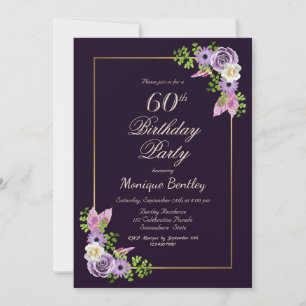 Invitación Lavender Floral Gold Border Purple 60 cumpleaños