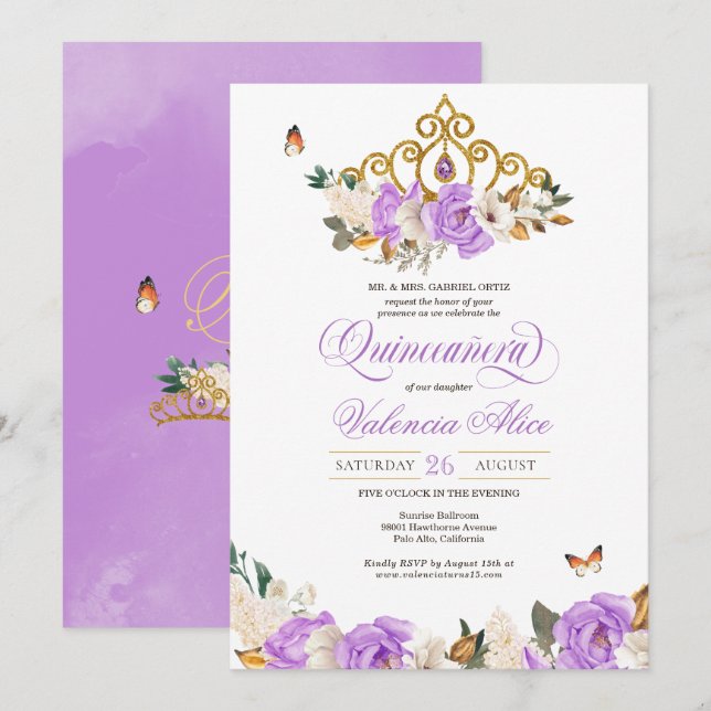 Invitación Lavender Floral Gold Tiara Mariposa Quinceanera (Anverso / Reverso)