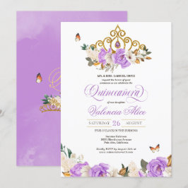Invitación Lavender Floral Gold Tiara Mariposa Quinceanera