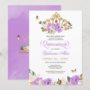 Invitación Lavender Floral Gold Tiara Mariposa Quinceanera
