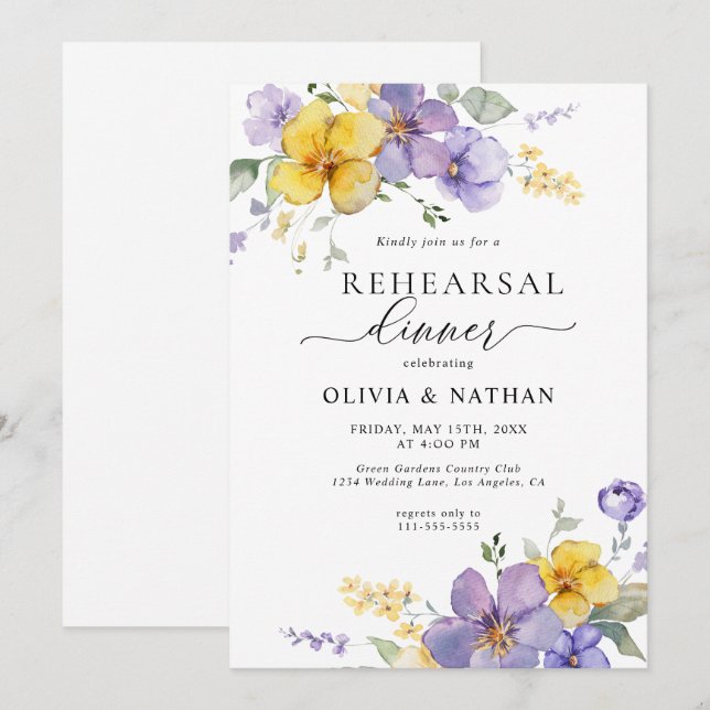 Invitación Lavender Floral Golden Yellow Rehearner Cena (Anverso / Reverso)