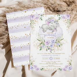 Invitación Lavender Floral Greenery Gold Elephant Baby Shower