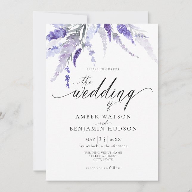 Invitación Lavender Floral Lilac Boda púrpura (Anverso)