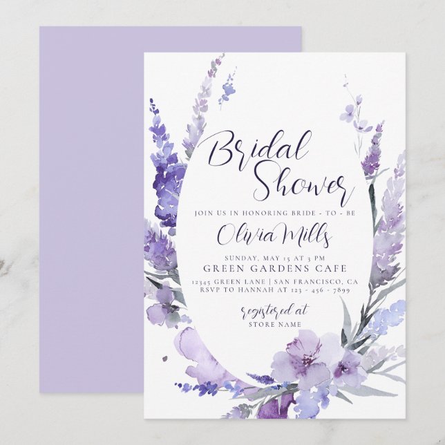 Invitación Lavender Floral Lilac Ducha Botánica Bridal (Anverso / Reverso)