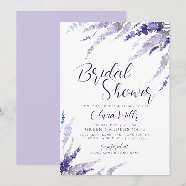 Invitación Lavender Floral Lilac Ducha Botánica Bridal (Anverso / Reverso)