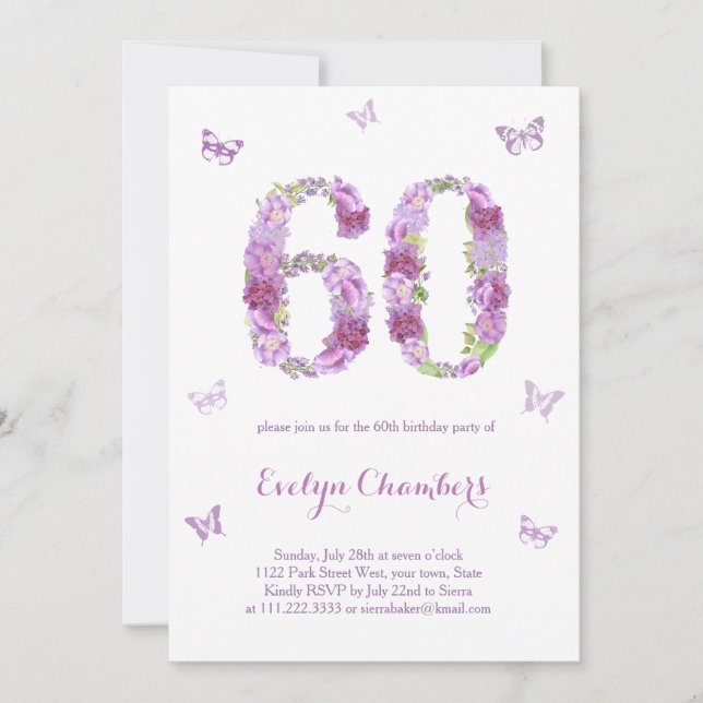 Invitación Lavender Floral Mariposa 60 cumpleaños (Anverso)