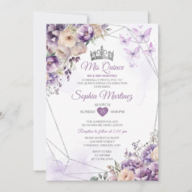 Invitación Lavender Floral Mariposa Purple Mis Quince (Anverso)