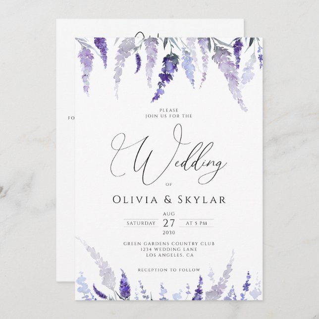 Invitación Lavender Floral Mauve Código QR Todo En Un Boda (Anverso / Reverso)