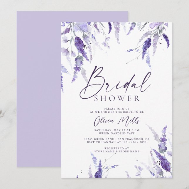 Invitación Lavender Floral Mauve Dusty Purple Bridal Ducha (Anverso / Reverso)