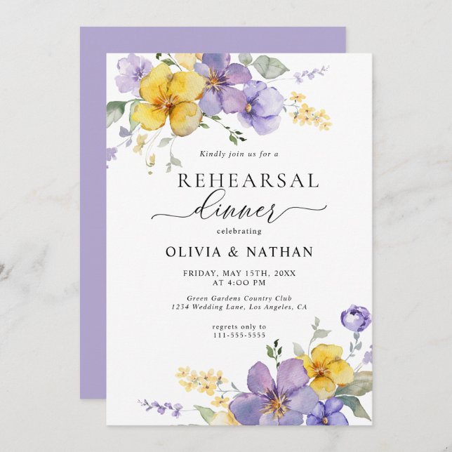 Invitación Lavender Floral Oro amarillo Boho Ensayo Cena (Anverso / Reverso)