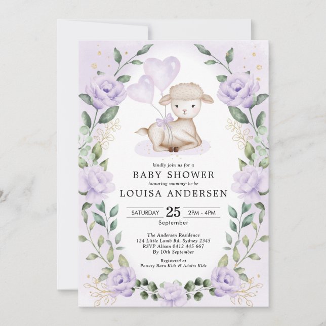 Invitación Lavender Floral Pequeña Cordero Bebé Ducha (Anverso)