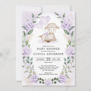 Invitación Lavender Floral Pequeña Cordero Bebé Ducha