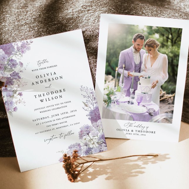 Invitación Lavender Floral Photo Back Elegant Wedding (Lavender floral photo back wedding invitation with hydrangea watercolor, romantic couple portrait)