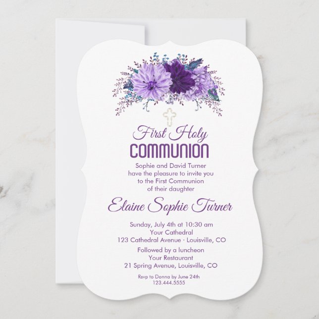 Invitación Lavender Floral Pluma Púrpura Primera Comunión Sag (Anverso)