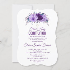 Invitación Lavender Floral Pluma Púrpura Primera Comunión Sag