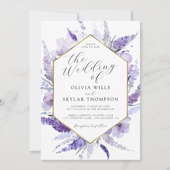 Invitación Lavender Floral Purple Lilac Golden Frame Boda (Anverso)