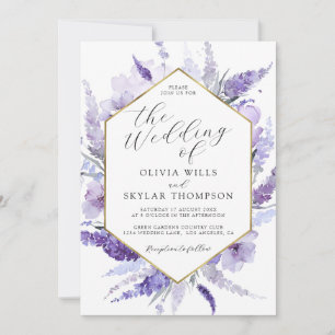 Invitación Lavender Floral Purple Lilac Golden Frame Boda