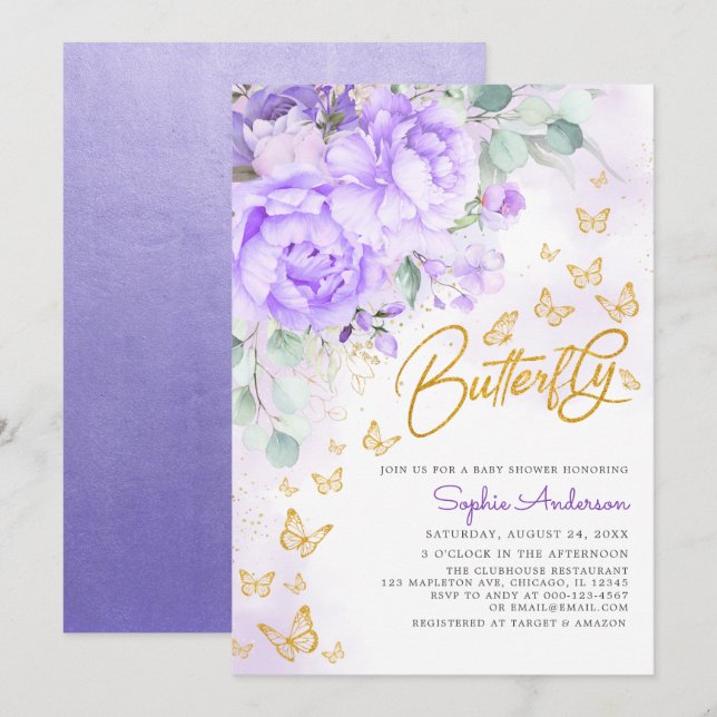 Invitación Lavender floral Purpurina de oro mariposa Baby Sho (Anverso / Reverso)