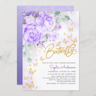 Invitación Lavender floral Purpurina de oro mariposa Baby Sho