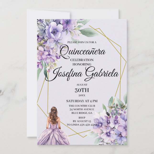 Invitación Lavender floral Quinceañera Invitation (Anverso)