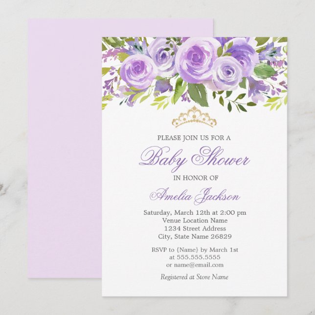 Invitación Lavender Floral Rosa Chica Baby Shower (Anverso / Reverso)