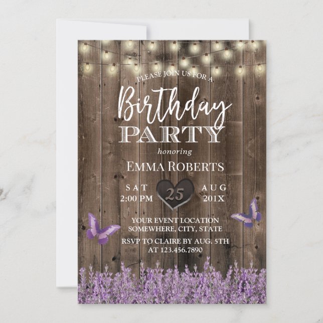 Invitación Lavender Floral Rústico Barn Wood Cumpleaños (Anverso)