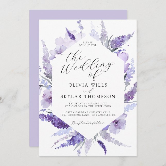 Invitación Lavender Floral Watercolor Botánico Boho Boda (Anverso / Reverso)