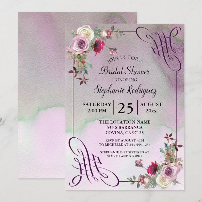 Invitación Lavender Floral Watercolor Bridal Shower (Anverso / Reverso)