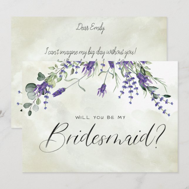 Invitación Lavender Floral Watercolor Script Bridesmaid (Anverso / Reverso)