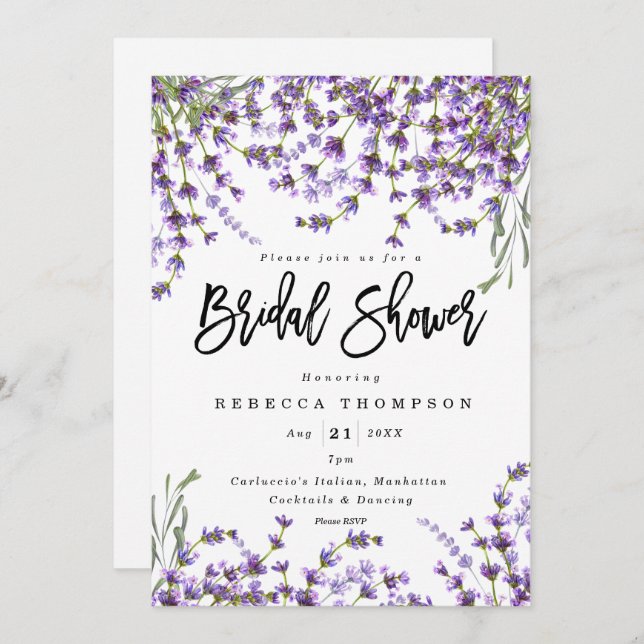 Invitación lavender florals boho ducha de novia moderna (Anverso / Reverso)