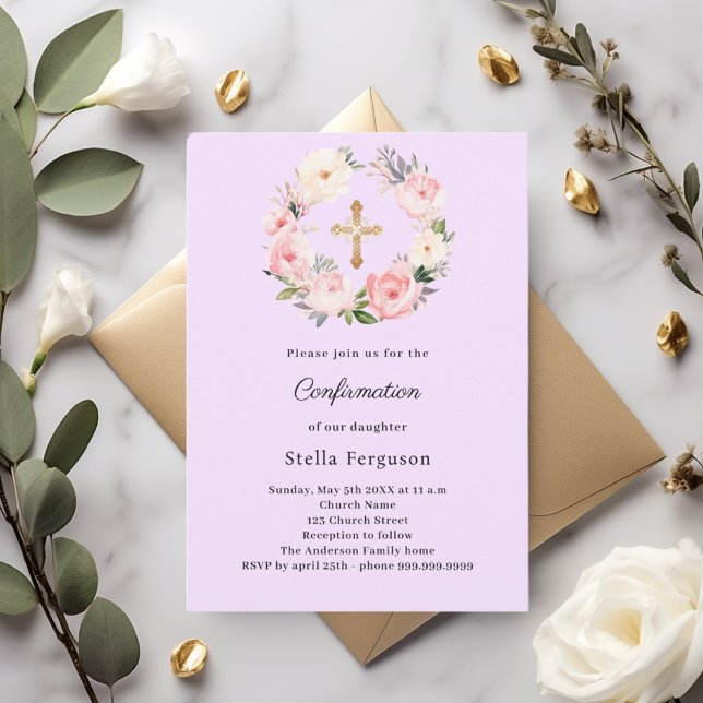 Invitación Lavender florals cross Confirmation (Subido por el creador)
