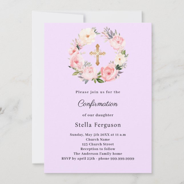 Invitación Lavender florals cross Confirmation (Anverso)