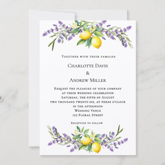 Invitación Lavender florals lemons wedding  (Anverso)