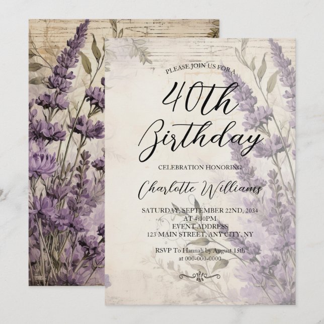 Invitación Lavender Flores Mujeres 40 años (Anverso / Reverso)