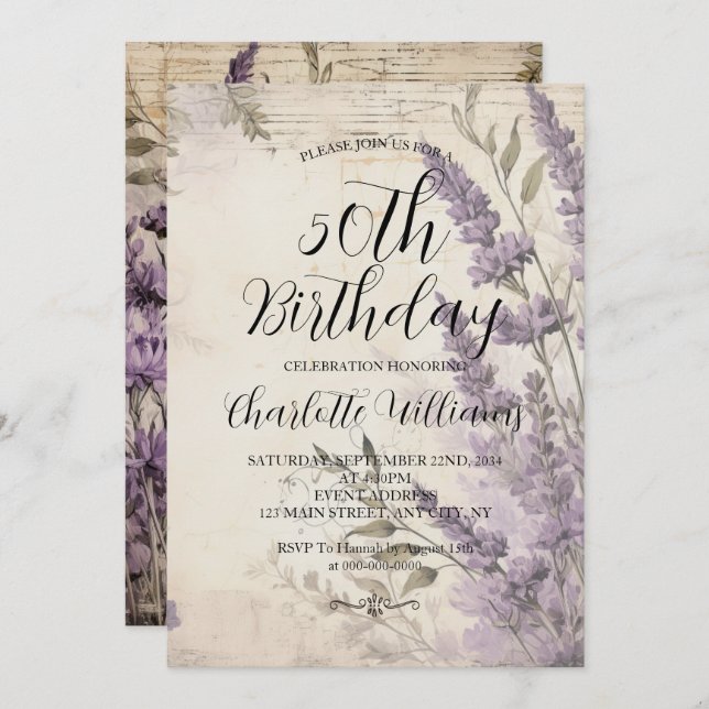 Invitación Lavender Flores Mujeres 50 cumpleaños (Anverso / Reverso)