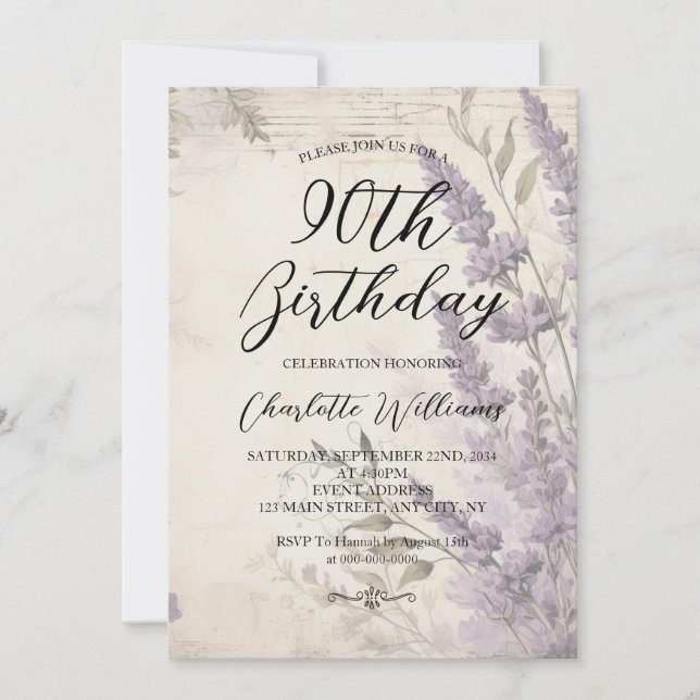 Invitación Lavender Flores Mujeres 90 cumpleaños (Anverso)