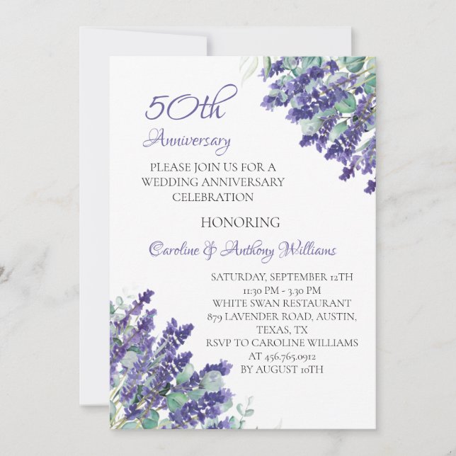 Invitación Lavender Flores Púrpuras 50 aniversario Boda (Anverso)