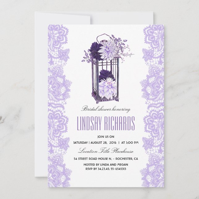 Invitación Lavender Flores Púrpuras Ducha Bridal Linterna (Anverso)