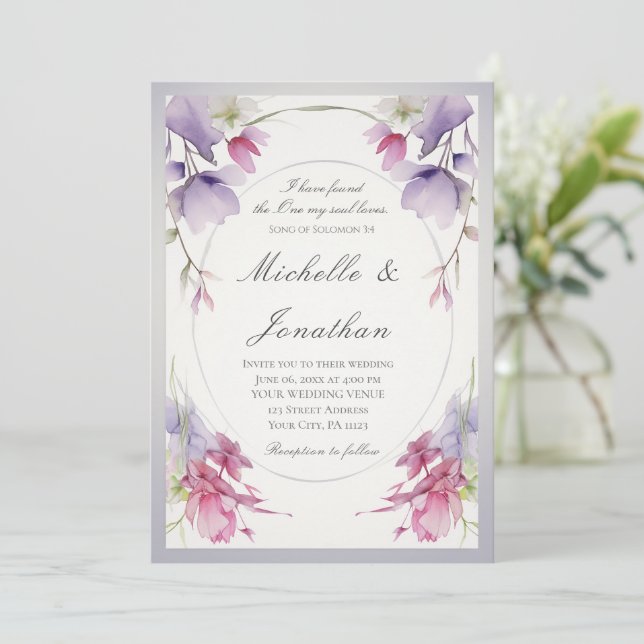 Invitación Lavender Flores rosas Biblia Boda cristiano (Anverso de pie)