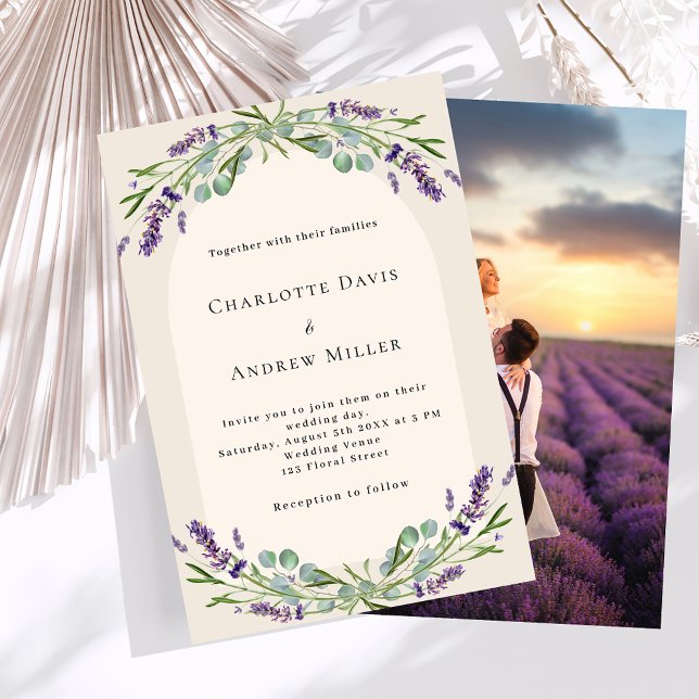Invitación Lavender florido arco foto beige boda de lujo (Subido por el creador)