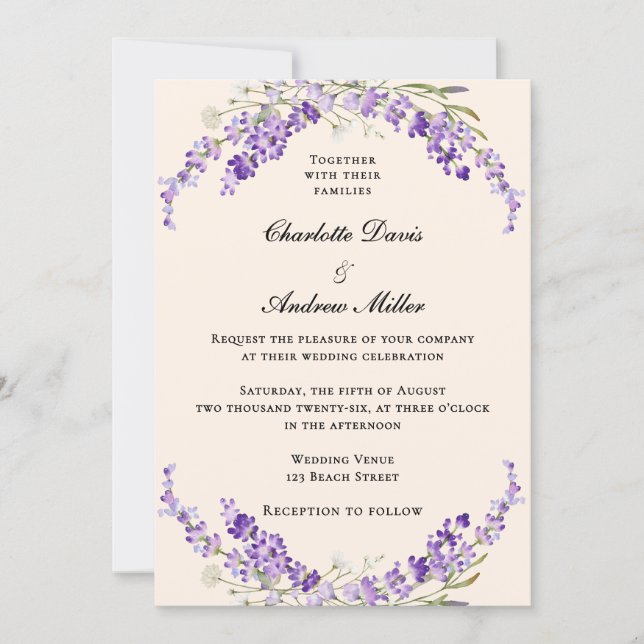Invitación Lavender flowers champage cream wedding (Anverso)
