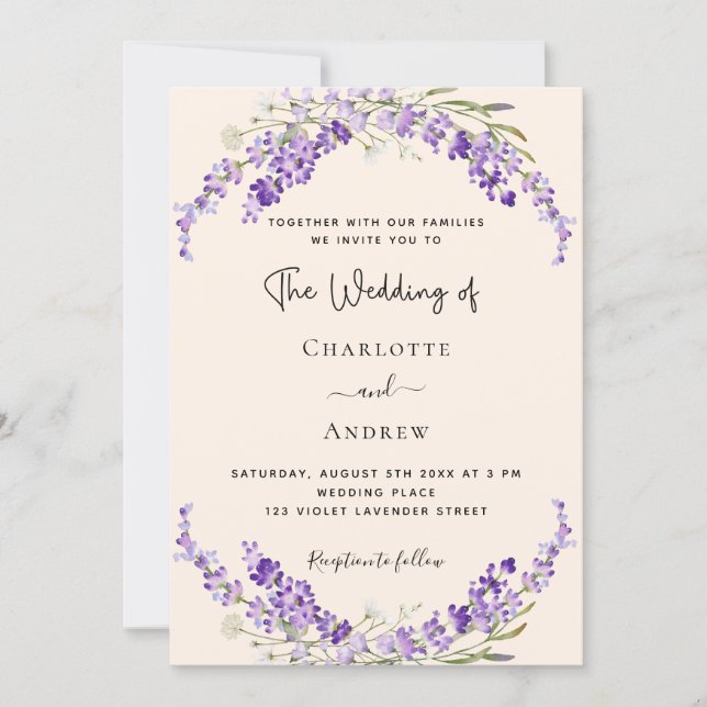 Invitación Lavender flowers champage cream wedding (Anverso)