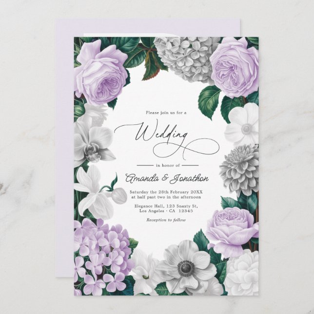Invitación Lavender Fog, Heather Gray & Winter White Wedding (Anverso / Reverso)