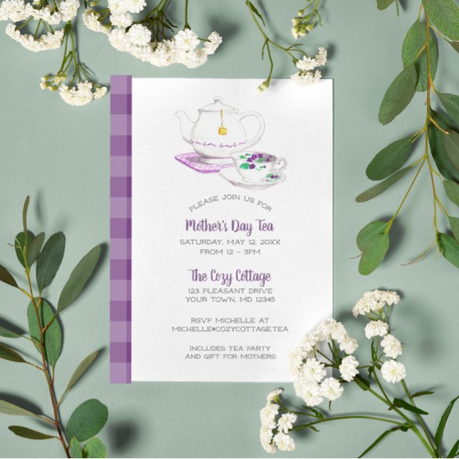 Invitación Lavender Gingham Fiesta del té del Día de la Madre (Subido por el creador)