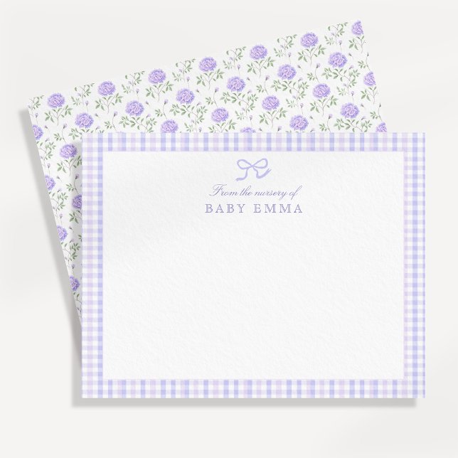 Invitación Lavender Gingham & Floral Baby Note Card (Subido por el creador)