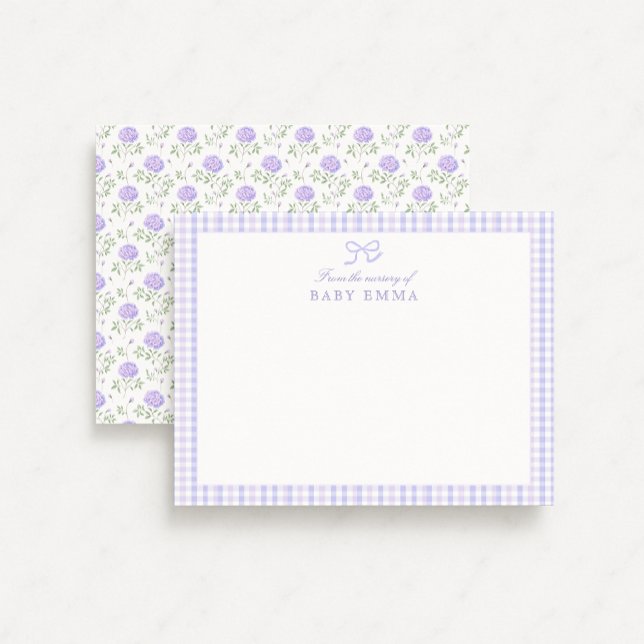 Invitación Lavender Gingham & Floral Baby Note Card (Subido por el creador)