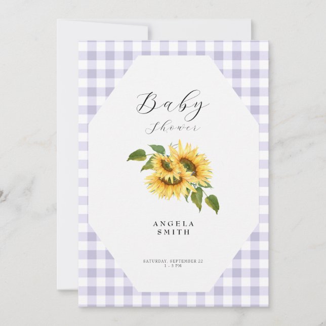 Invitación Lavender Gingham Sunflower Generic Baby Shower (Anverso)