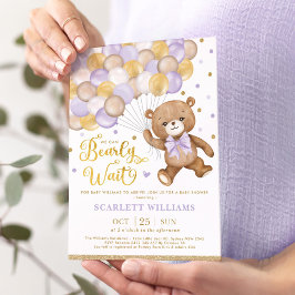 Invitación Lavender Gold Brown Teddy Bear Chica Baby Shower