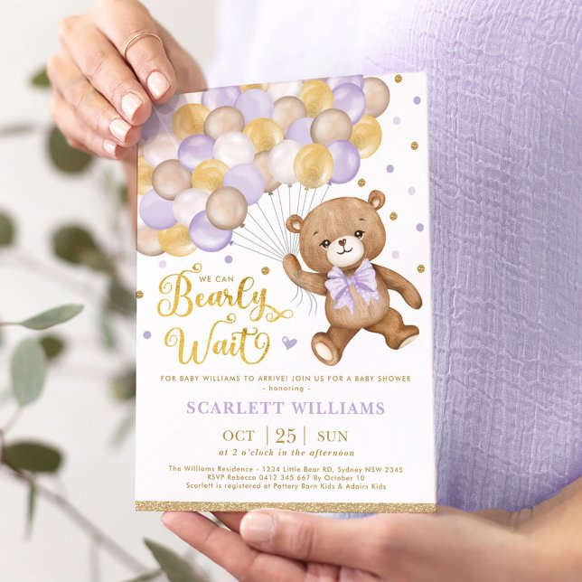 Invitación Lavender Gold Brown Teddy Bear Chica Baby Shower (Subido por el creador)