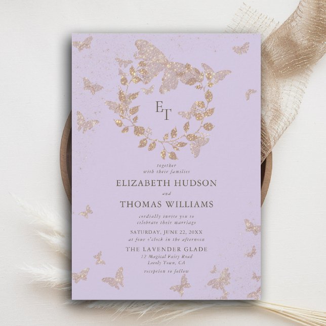 Invitación Lavender Gold Butterflies Monograms Wreath Wedding (butterfly wedding invitation lavender gold purple eucalyptus crest elegant modern classic romantic)